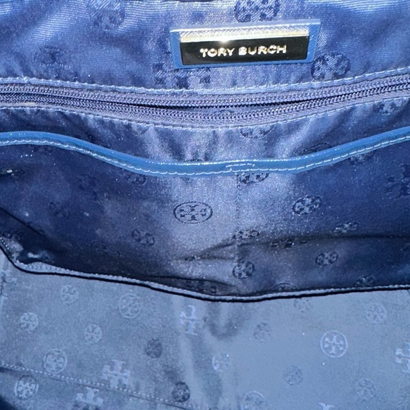 ✨ Tory Burch Navy Saffiano Leather Tote Work Laptop Bag Gold Logo - Picture 8 of 14
